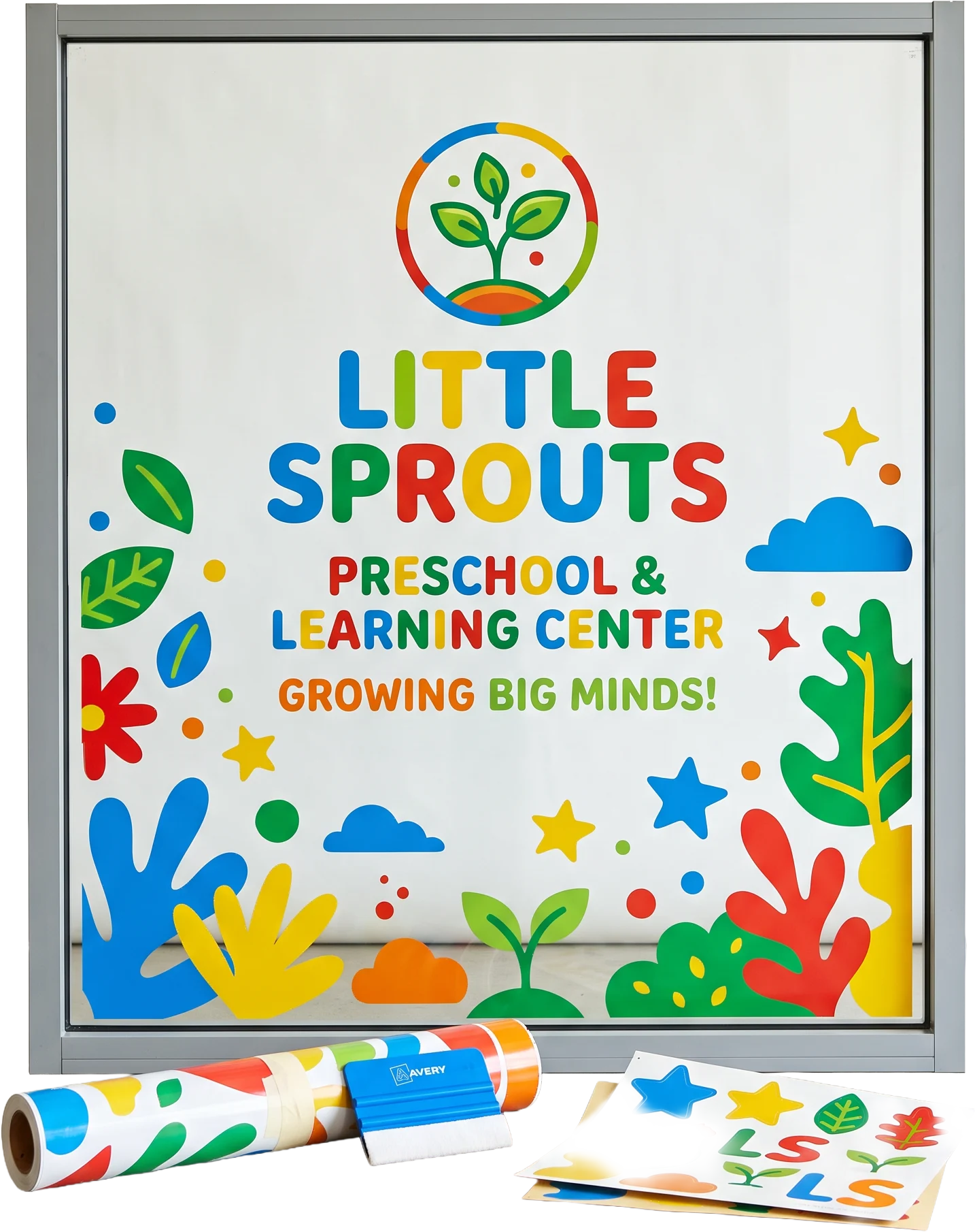 Little Sprouts preschool window vinyl with vinyl roll, squeegee and contour-cut stickers